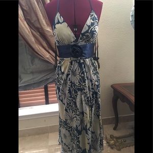 Max and Cleo silk blue, gray halter dress